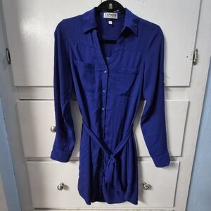 Express Portofino Shirt Dress Size XS Blue Button Belted Roll Tab Long Sleeve